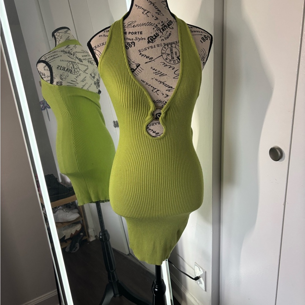 Lime Green Ribbed Halter Dress